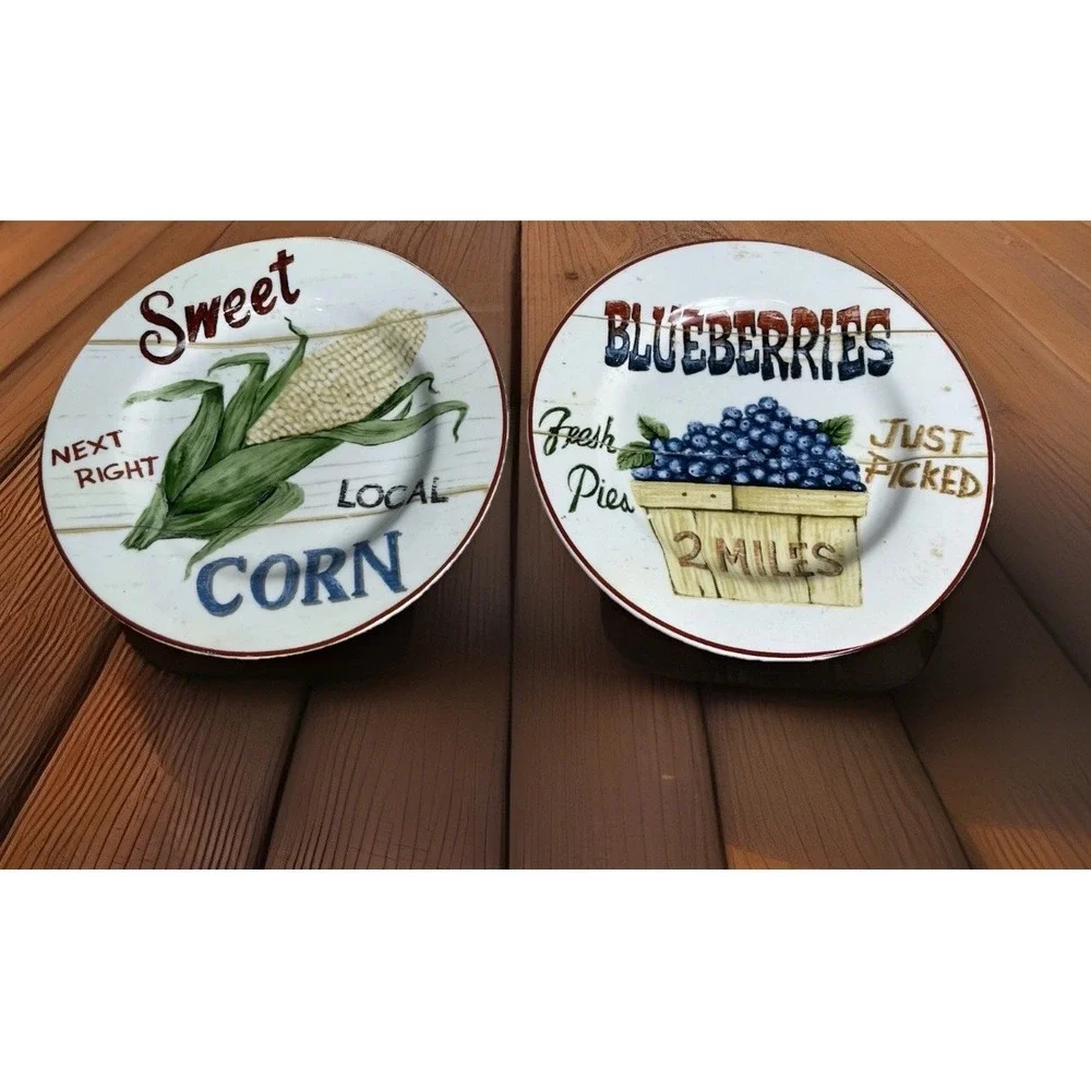Home Trends FARM FRESH Set/2 Salad Plates Corn & Blueberries Farmhouse Decor